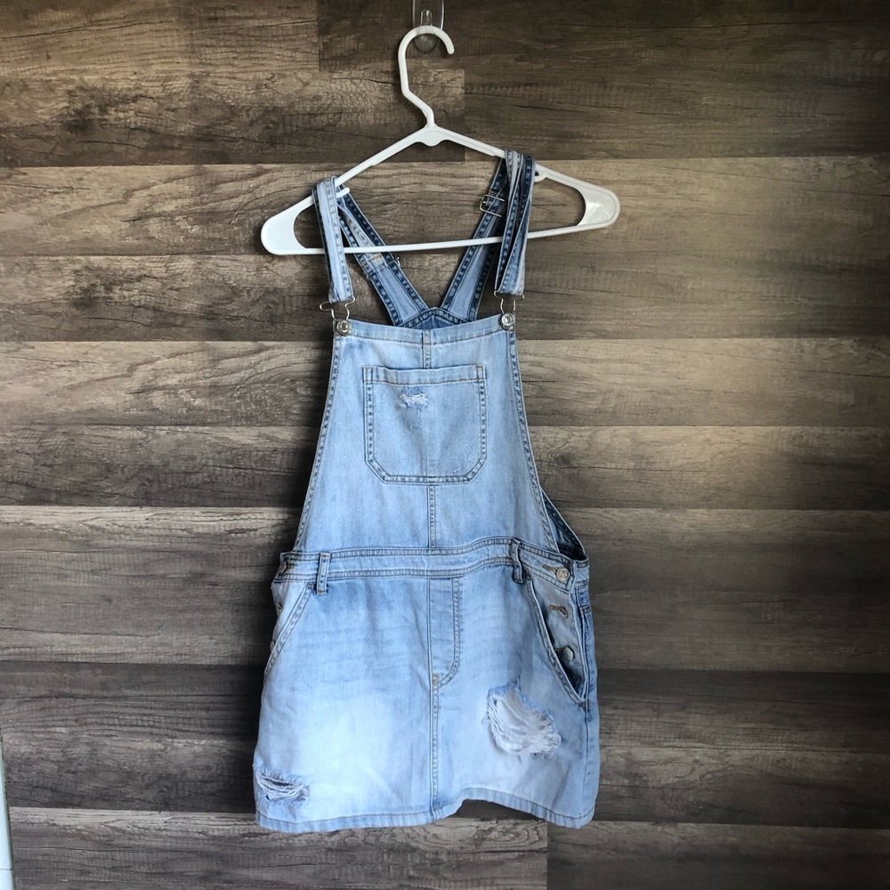Forever 21 Distressed Denim Overall Mini Dress